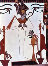 The god Osiris scepter and whip Chapel fresco Sennutam.