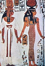 Queen Nefertari and the goddess Hathor, fresco in his tomb, belonging to XIX Dynasty.