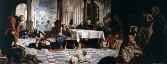 'Christ washing the disciples' feet'. 1547, oil painting by Tintoretto.