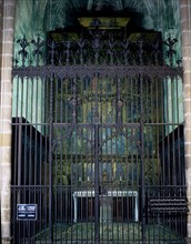Wrought iron gate of the chapel of Saint Sebastian and Saint Tecla in the Barcelona Cathedral.