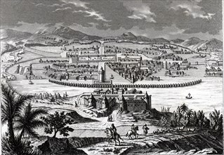 Mexico City at the time of the Spanish conquest in 1520, engraving, 1865.