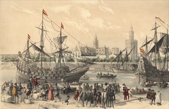 Francisco Pizarro preparing their ships in Sevilla, to go on an expedition to Peru.