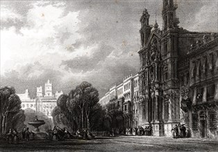 Walk and façade of the convent of Our Lady of Carmen in Cádiz, engraving 1860.