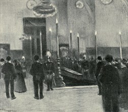 Funeral chapel in the city of Barcelona during exposure of the body of Mosén Jacinto Verdaguer, i?