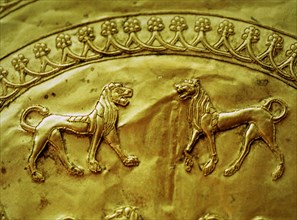 Etruscan gold fibula decorated with five lions, from the Regolini Galassi tomb, detail of the upp?