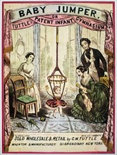 Advertising poster of the self-assembly jumper swing built in rubber rope, engraving, 1850.