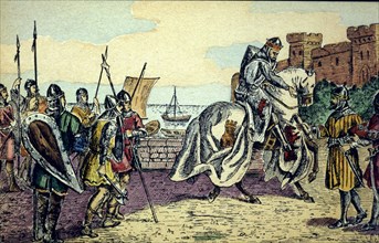 Conquest of Seville by King Ferdinand III 'The Saint' in 1248, colored engraving.