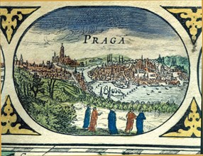Prague, colored engraving from the book 'Le Theatre du monde' or 'Nouvel Atlas', 1645, created, p?