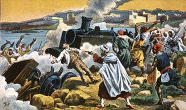 Campaign of Morocco, the Moors attack the civilians of the railroad near Melilla, 1909, colored e?