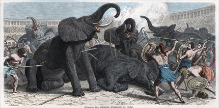 Combat between gladiators and circus elephants, engraving 1862.