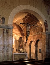 Interior of the Church of San Julián or Santullano de los Prados with painting remains, founded b?