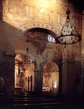 Interior of the Church of San Julián or Santullano de los Prados with painting remains, founded b?