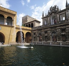 Alcázar of Seville, Palace of King Don Pedro, pond in the garden.