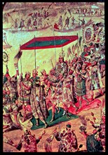 Reception of Moctezuma, detail of a nacred painting of the conquest of Mexico by Hernán Cortés, w?