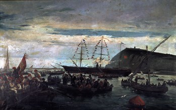 War of Cuba, boarding at the port of Barcelona of the Catalan volunteers to Cuba in 1870.