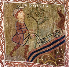 Tapestry of Creation, detail of April 'man plowing' 11st century.