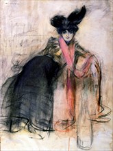 'Lady with feather hat', colored drawing by Ramon Casas.