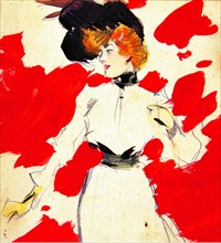 'Lady with hat and red spots at background', by Ramon Casas.