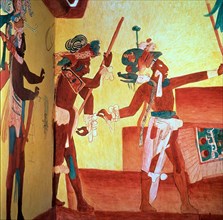 Fresco in the room n. 3 of the Bonampak painting Temple representing a party after a military vic?