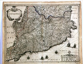 Colored map of Catalonia, from the 'Geographia Blaviana' or 'Theatrum Orbis sive Terrarum Atlas N?