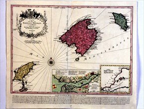 Map of the Majorca, Menorca and Ibiza islands, in hand engraving and colored, with a box showing ?