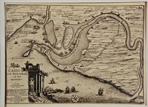 Schematic drawing of the harbor and the roads of the bay of Cadiz, at left drawing of the Pillars?