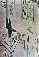 Fresco from the tomb of Amenhotep II, represented with god Anubis, part of the New Kingdom.