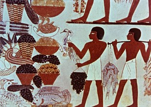 Servants with offerings, fresco in the Tomb of Menna at Sheikh Abd el-Qurna.