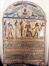 Funerary stela representing the deceased accompanied by Anubis in the presence of Osiris and Horu?