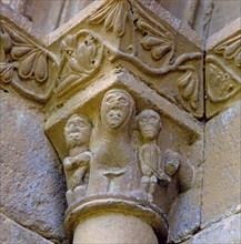'The Visitation', capital of the front of the church of San Juan de Montañana (Huesca).
