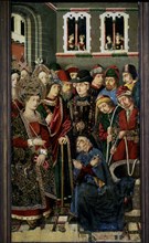 Altarpiece of the Holy Cross, scene of the interrogation to a Jew, tempera painting by Martin Ber?