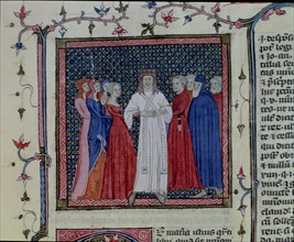 Clergyman marrying a couple, Miniature 'Libri III-IV. Distinctionum', codex, 1348, by Henricus vo?