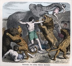 Roman circus, criminals condemned to death are thrown into the arena to fight wild beasts, engrav?