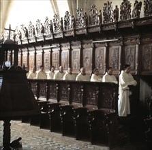 Monastery of Santa María de la Huerta, church, detail of the carved choir in walnut wood.