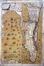 Colored drawing of the bay and the territory of Gibraltar during the naval battle that Spain and ?