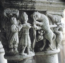 Capital of the Cloister of the Collegiate of Santillana del Mar, representing a knight slaying a ?