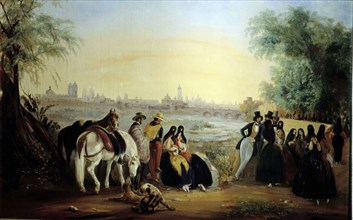 View of Lima with ladies and gentlemen walking by the Rimac river, oil, 1843.