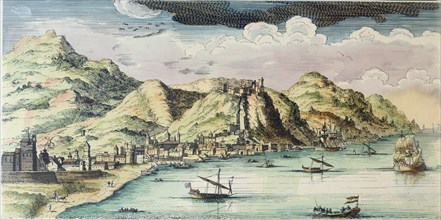General view of the city of Malaga, engraving.
