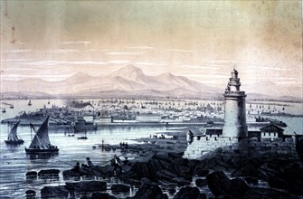 General view of the city of Cadiz and its port, engraving 1800.