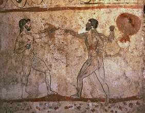 Fight or boxing match. Greek painting italic influenced, from the Lucanian tomb of Paestum.