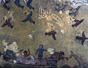Tomb of hunting and fishing. Fresco depicting men in a fishing boat and birds flying, from Tarqui?