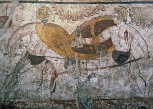 Gladiators combat. Greek painting Italic influenced, from the Lucanian tomb at Paestum.