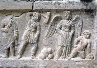 Etruscan stone sarcophagus with reliefs of Eastern influence, with various characters including a?