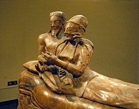 Detail of the figures of an Etruscan sarcophagus of the spouses, made in terracotta.