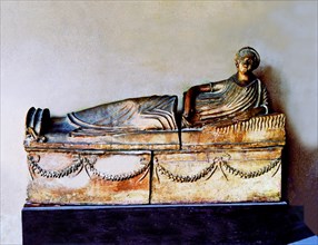 Etruscan terracotta sarcophagus with the image of the deceased.