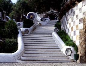 Detail of the staircase in the entrance to Park Guell, designed between 1900-1914 by the architec?