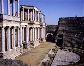 Roman Theatre of Merida, detail of the scene called 'Orchestra' which has two floors with columns?