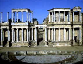 View of the stage of the Roman theater of Merida which consists of two floors with columns, 24 b.C.