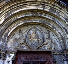 Church of Our Lady of Baldos in Montañana (Huesca), detail of main portal with tympanum carved wi?