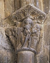 The sacrifice of Isaac, decoration of a capital in the south side porch of the cathedral of Jaca.